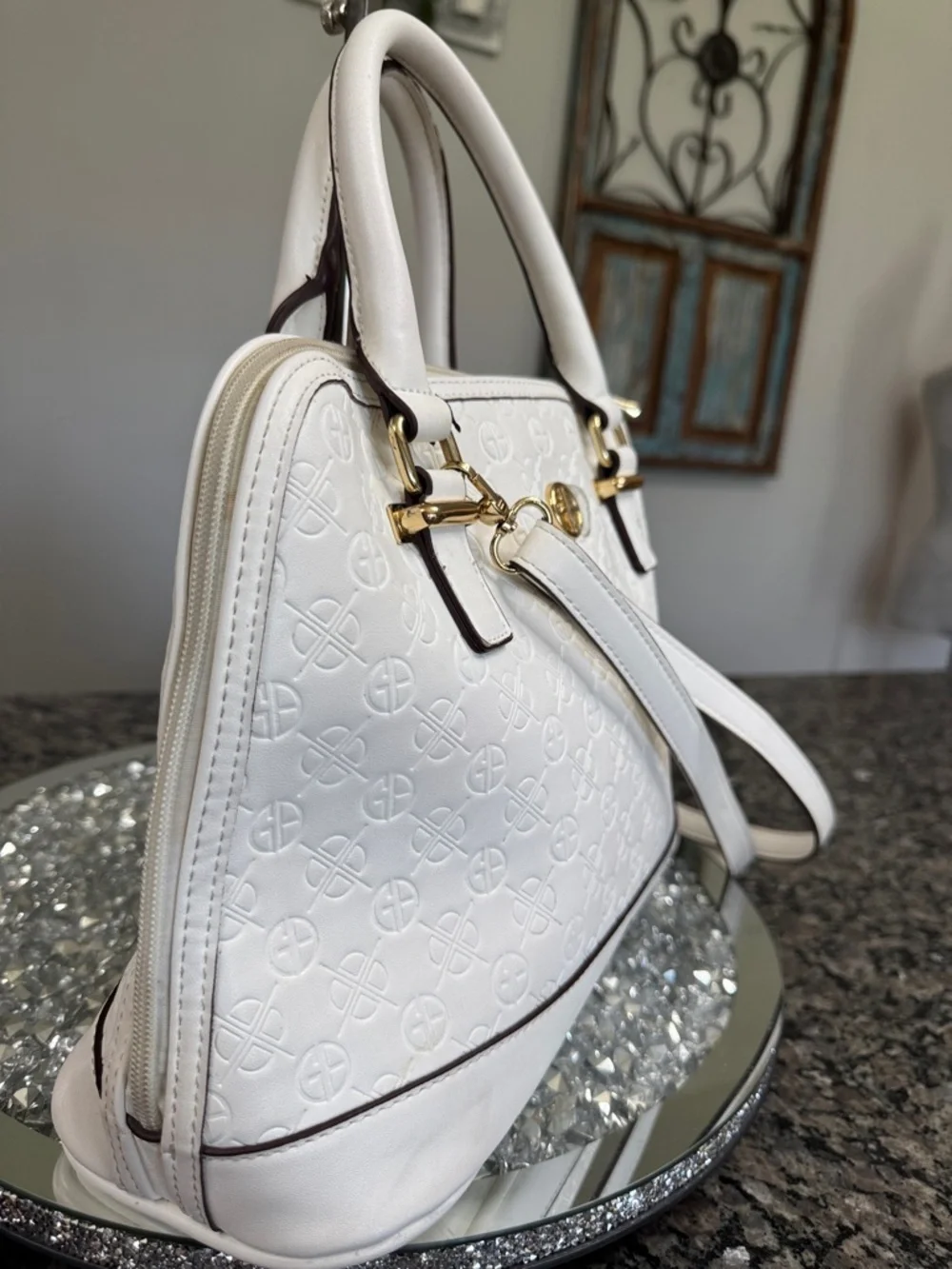 Giani Bernini White Embossed Dome Satchel with Gold Hardware